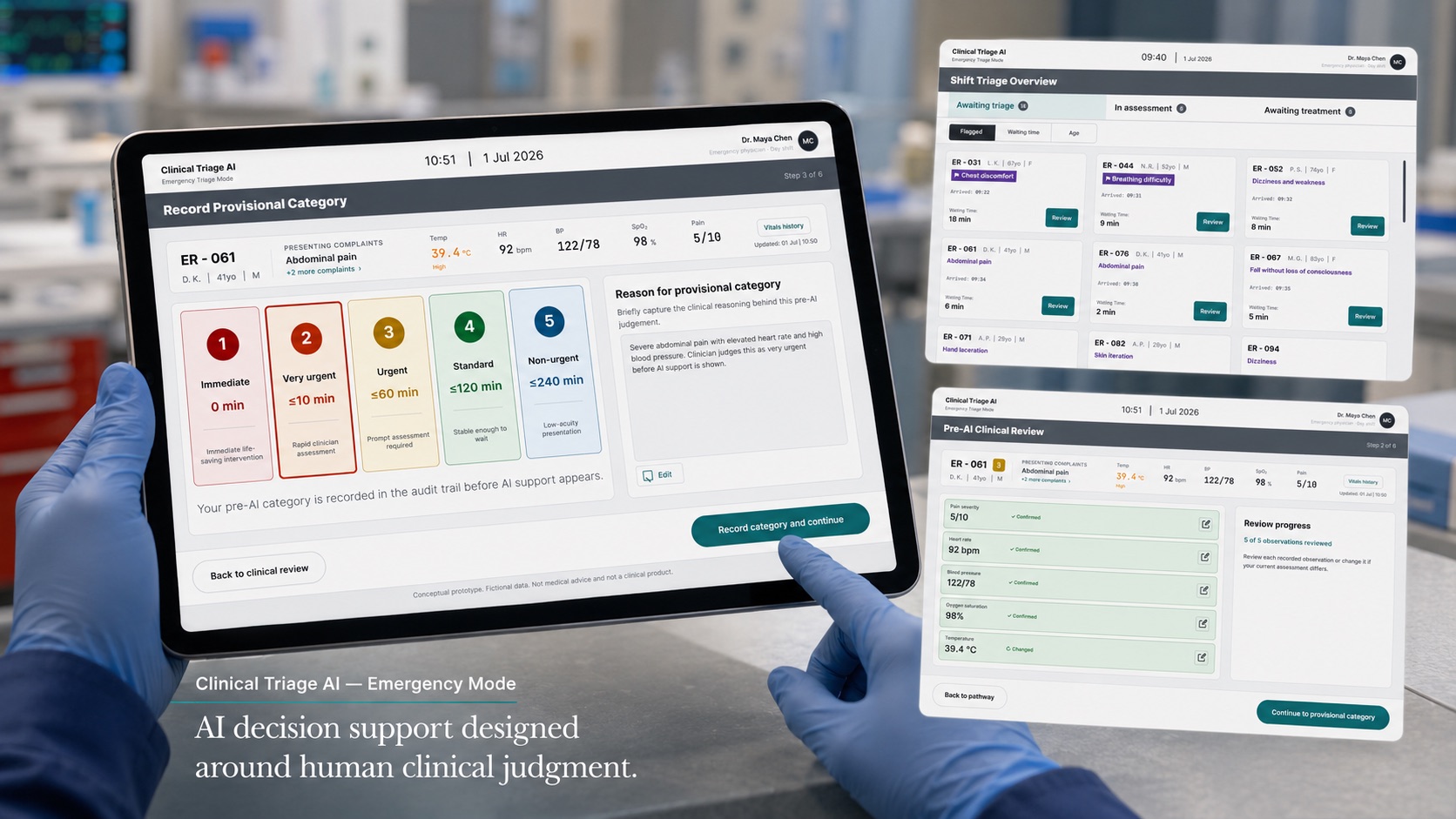 Clinician holding a tablet recording a provisional triage category before AI support is shown